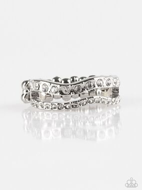 Elite Squad White Rhinestone Paparazzi Silver Sparkling Wave Stretch Ring